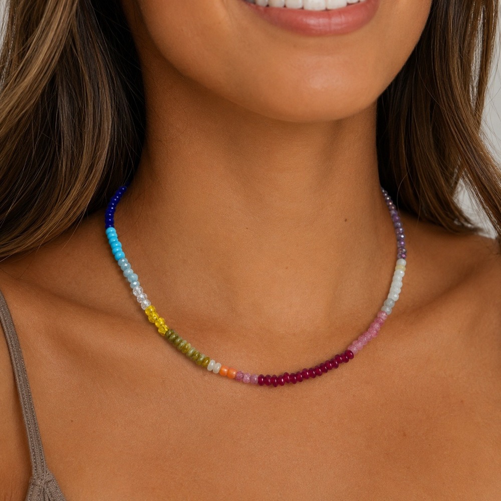Serefina Beaded Necklace Rainbow Gemstone Anthropologie Boho Gold Tone Dainty